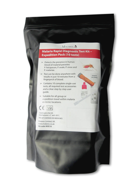 Malarex MXE10 Kit: EXPEDITION PACK. 10 complete malaria tests with all accessories - expiry July 2027