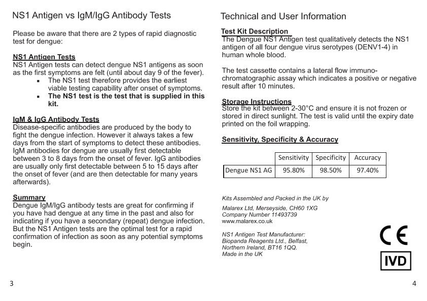 Dengue NS1 Antigen Test Kit - 3 tests and all accessories (currently only retailing on Amazon UK)