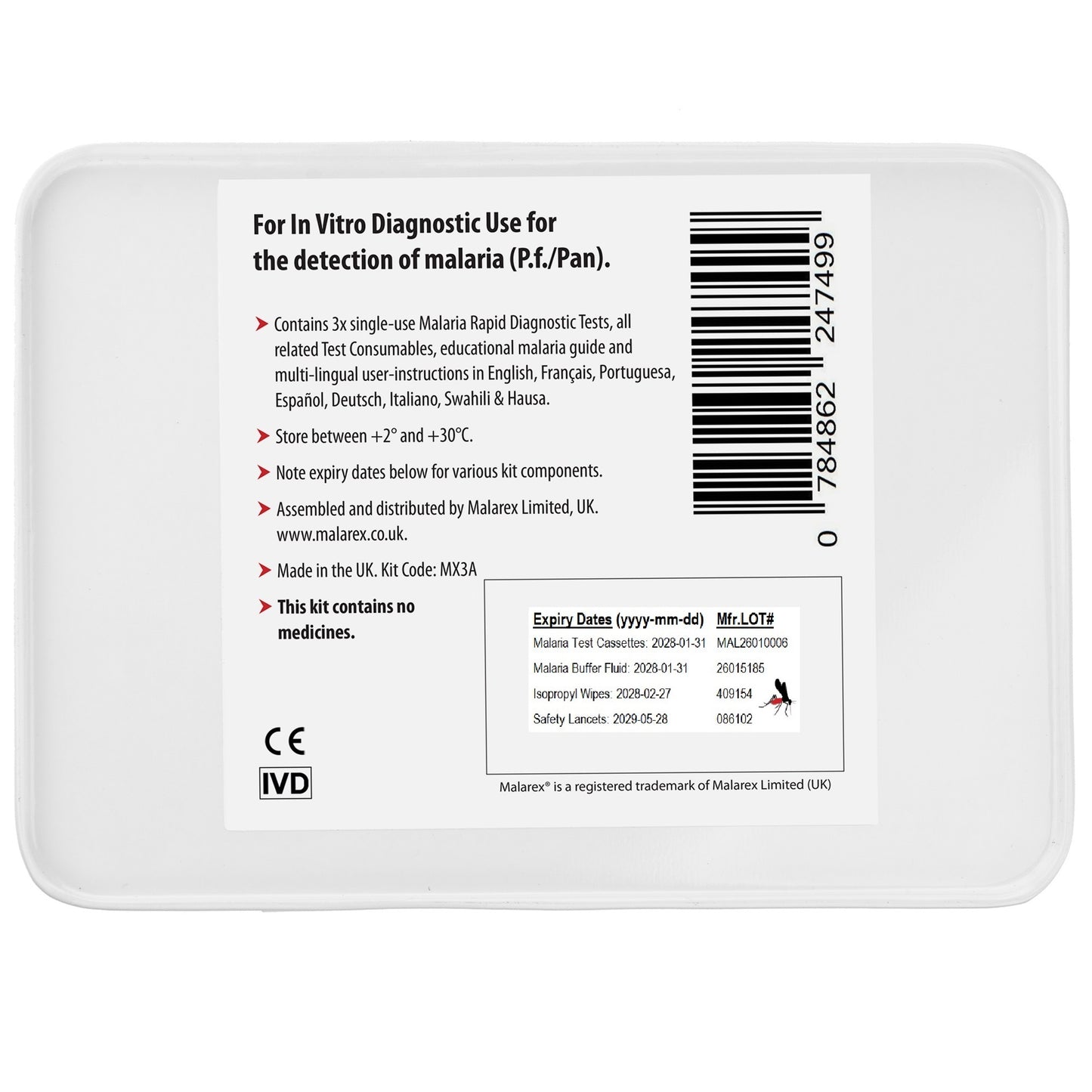 Malarex MX3A Kit: 3 complete malaria tests with all accessories - expiry JAN 2028