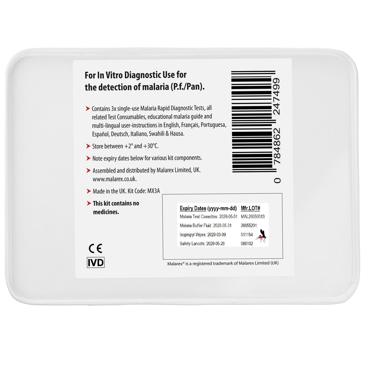 Malarex MX3A Kit: 3 complete malaria tests with all accessories