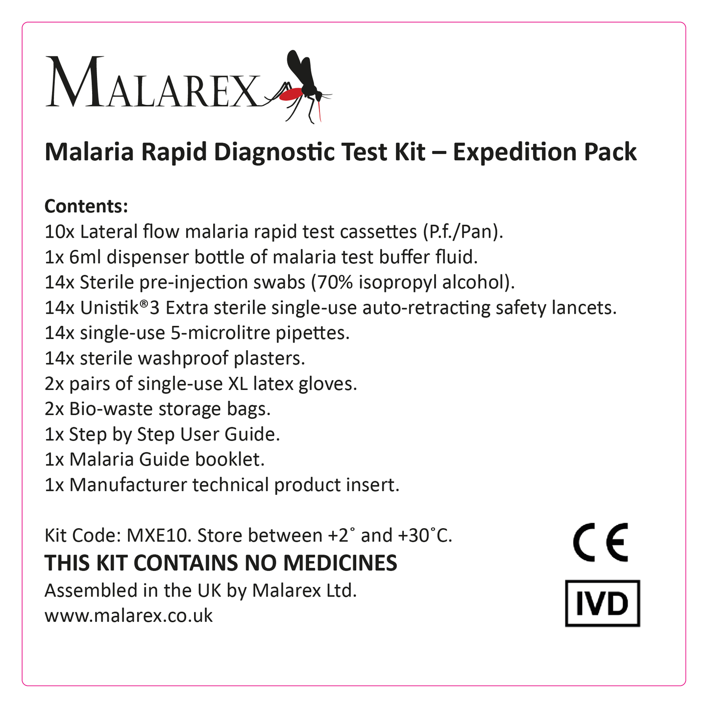 Malarex MXE10 Kit: EXPEDITION PACK. 10 complete malaria tests with all accessories (inc UK vat & delivery) - EXPIRY 31/01/2026